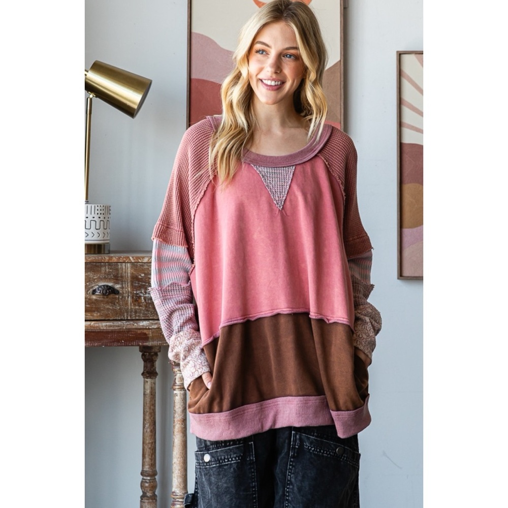 “Oli & Hali” pink/brown, color block, boho Baggy Pullover sweatshirt; NWT; LARGE